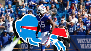 Sep 25, 2016; Orchard Park, NY, USA; Buffalo Bills defensive end Jerry Hughes (55) takes to the field before a game against the Arizona Cardinals at New Era Field. Mandatory Credit: Timothy T. Ludwig-USA TODAY Sports