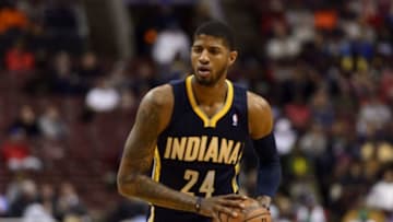 Mar 14, 2014; Philadelphia, PA, USA; Indiana Pacers forward Paul George (24) during the first quarter against the Philadelphia 76ers at the Wells Fargo Center. The Pacers defeated the Sixers 101-94. Mandatory Credit: Howard Smith-USA TODAY Sports