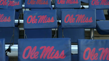 OXFORD, MISSISSIPPI - OCTOBER 05: The Ole Miss logo is seen before a game between the Mississippi Rebels and the Vanderbilt Commodores at Vaught-Hemingway Stadium on October 05, 2019 in Oxford, Mississippi. (Photo by Jonathan Bachman/Getty Images)