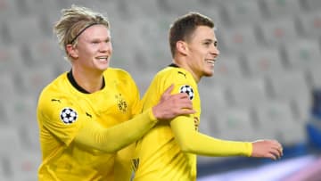 Thorgan Hazard and Erling Haaland (Photo by JOHN THYS/AFP via Getty Images)