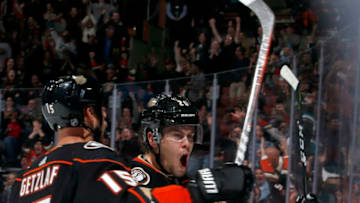 ANAHEIM, CA - OCTOBER 28: Pontus Aberg #20 and Ryan Getzlaf #15 of the Anaheim Ducks celebrate Aberg's goal in the third period during the game against the San Jose Sharks on October 28, 2018 at Honda Center in Anaheim, California. (Photo by Debora Robinson/NHLI via Getty Images)