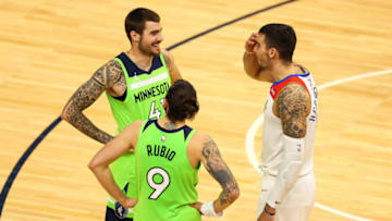 MINNEAPOLIS, MN - MAY 01: Juancho Hernangomez #41 and Ricky Rubio #9 of the Minnesota Timberwolves and Willy Hernangomez #9 of the New Orleans Pelicans talk following the game at Target Center on May 1, 2021 in Minneapolis, Minnesota. NOTE TO USER: User expressly acknowledges and agrees that, by downloading and or using this photograph, User is consenting to the terms and conditions of the Getty Images License Agreement. (Photo by Harrison Barden/Getty Images)