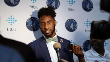 ST. PAUL, MN - JULY 18: Jaylen Nowell #4 of the Minnesota Timberwolves speaks to the media after the introductory press conference on July 18, 2019 at the Conway Community Center in St. Paul, Minnesota. NOTE TO USER: User expressly acknowledges and agrees that, by downloading and/or using this photograph, user is consenting to the terms and conditions of the Getty Images License Agreement. Mandatory Copyright Notice: Copyright 2019 NBAE (Photo by David Sherman/NBAE via Getty Images)