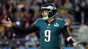 MINNEAPOLIS, MN - FEBRUARY 04: Nick Foles #9 of the Philadelphia Eagles looks on in the first half of Super Bowl LII against the New England Patriots at U.S. Bank Stadium on February 4, 2018 in Minneapolis, Minnesota. (Photo by Elsa/Getty Images)