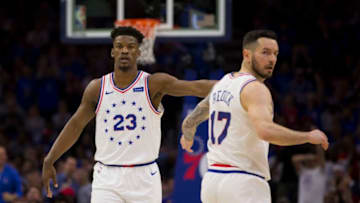 PHILADELPHIA, PA - MAY 02: Jimmy Butler #23 and JJ Redick #17 of the Philadelphia 76ers in action against the Toronto Raptors in Game Three of the Eastern Conference Semifinals at the Wells Fargo Center on May 2, 2019 in Philadelphia, Pennsylvania. The 76ers defeated the Raptors 116-95. NOTE TO USER: User expressly acknowledges and agrees that, by downloading and or using this photograph, User is consenting to the terms and conditions of the Getty Images License Agreement. (Photo by Mitchell Leff/Getty Images)
