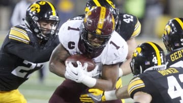 IOWA CITY, IOWA- OCTOBER 28: Running back Rodney Smith #1 of the Minnesota Golden Gophers runs in the third quarter into defensive back Amani Hooker #27, linebacker Josey Jewell #43, linebacker Bo Bower #41 and defensive back Jake Gervase #30 of the Iowa Hawkeyes on October 28, 2017 at Kinnick Stadium in Iowa City, Iowa. (Photo by Matthew Holst/Getty Images)