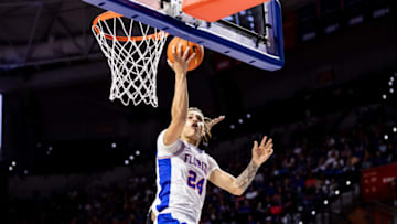 Jan 7, 2023; Gainesville, Florida, USA; Florida Gators guard Riley Kugel (24) makes a layup during the second half against the Georgia Bulldogs at Exactech Arena at the Stephen C. O'Connell Center. Mandatory Credit: Matt Pendleton-USA TODAY Sports
