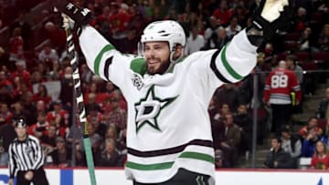 CHICAGO, IL - NOVEMBER 30: Tyler Seguin #91 of the Dallas Stars celebrates after the Stars defeated the Chicago Blackhawks 4-3 in overtime at the United Center on November 30, 2017 in Chicago, Illinois. (Photo by Bill Smith/NHLI via Getty Images)