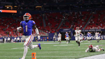 ATLANTA, GEORGIA - DECEMBER 19: Kadarius Toney #1 of the Florida Gators takes in this reception for a touchdown against the Alabama Crimson Tide during the first half of the SEC Championship at Mercedes-Benz Stadium on December 19, 2020 in Atlanta, Georgia. (Photo by Kevin C. Cox/Getty Images)