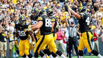 Sep 3, 2016; Iowa City, IA, USA; The Iowa Hawkeyes celebrate a touchdown by running back LeShun Daniels Jr. (29) during the first quarter at Kinnick Stadium. Mandatory Credit: Jeffrey Becker-USA TODAY Sports