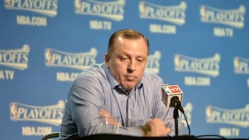 May 12, 2015; Cleveland, OH, USA; Chicago Bulls head coach Tom Thibodeau speaks to the media prior to game five of the second round of the NBA Playoffs at Quicken Loans Arena. Mandatory Credit: David Richard-USA TODAY Sports