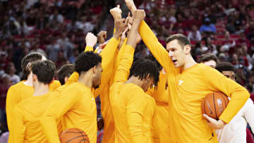 FAYETTEVILLE, AR - FEBRUARY 26: Tennessee Volunteers huddle together before a game against the Arkansas Razorbacks at Bud Walton Arena on February 26, 2020 in Fayetteville, Arkansas. The Razorbacks defeated the Volunteers 86-69. (Photo by Wesley Hitt/Getty Images)