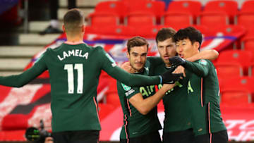 STOKE ON TRENT, ENGLAND - DECEMBER 23: Ben Davies of Tottenham Hotspur celebrates scoring his teams second goal during the Caraboa Cup Quarter Final match between Stoke City and Tottenham Hotspur at Bet365 Stadium on December 23, 2020 in Stoke on Trent, England. (Photo by Chloe Knott - Danehouse/Getty Images)