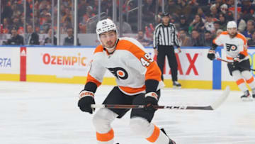 EDMONTON, CANADA - FEBRUARY 21: Noah Cates #49 of the Philadelphia Flyers skates during the game in the first period against the Edmonton Oilers on February 21, 2023 at Rogers Place in Edmonton, Alberta, Canada. (Photo by Lawrence Scott/Getty Images)