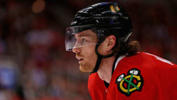 Duncan Keith #2 of the Chicago Blackhawks waits for a face-off against the Edmonton Oilers at the United Center on January 12, 2014 in Chicago, Illinois. The Blackhawks defeated the Oilers 5-3. (Photo by Jonathan Daniel/Getty Images)