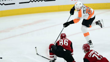 Dec 11, 2021; Glendale, Arizona, USA; Philadelphia Flyers left wing James van Riemsdyk (25) shoots and scores against the Arizona Coyotes during the first period at Gila River Arena. Mandatory Credit: Joe Camporeale-USA TODAY Sports
