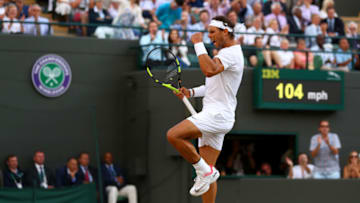 LONDON, ENGLAND - JULY 10: Rafael Nadal of Spain celebrates during the Gentlemen's Singles fourth round match against Gilles Muller of Luxembourg on day seven of the Wimbledon Lawn Tennis Championships at the All England Lawn Tennis and Croquet Club on July 10, 2017 in London, England. (Photo by Michael Steele/Getty Images)