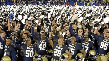 Oct 8, 2016; Annapolis, MD, USA; Navy Midshipmen celebrate on the field after defeating the Houston Cougars 46-40 at Navy Marine Corps Memorial Stadium. Mandatory Credit: Tommy Gilligan-USA TODAY Sports