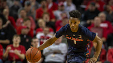 LINCOLN, NE - JANUARY 15: Illinois guard Trent Frazier (1) dribbles the ball down court against Nebraska during the second half of a college basketball game Monday, January 15th at the Pinnacle Bank Arena in Lincoln, Nebraska. Nebraska defeated Illinois 64 to 63. (Photo by John Peterson/Icon Sportswire via Getty Images)