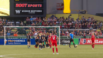 PORTLAND, OR - AUGUST 18, 2018: Chicago Red Stars celebrate the opening goal by forward Samantha Kerr during the Chicago Red Stars 2-2 tie with the Portland Thorns on August 18, 2018, at Providence Park, Portland, Oregon (Photo by Diego Diaz/Icon Sportswire via Getty Images).