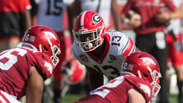 Sep 26, 2020; Fayetteville, Arkansas, USA; Georgia Bulldogs linebacker Azeez Ojulari (13) looks into the Arkansas Razorbacks backfield during the second quarter at Donald W. Reynolds Razorback Stadium. Georgia won the game 37-10. Mandatory Credit: Brett Rojo-USA TODAY Sports