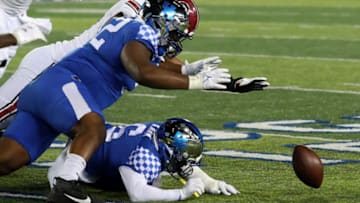 Auburn footballKentucky’s Justin Rogers goes for the fumble against South Carolina.Oct. 8, 2022Kentuckysc 16