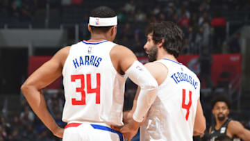 LOS ANGELES, CA - MARCH 4: Tobias Harris #34 and Milos Teodosic #4 of the LA Clippers look on during the game against the Brooklyn Nets on March 4, 2018 at STAPLES Center in Los Angeles, California. NOTE TO USER: User expressly acknowledges and agrees that, by downloading and/or using this Photograph, user is consenting to the terms and conditions of the Getty Images License Agreement. Mandatory Copyright Notice: Copyright 2018 NBAE (Photo by Adam Pantozzi/NBAE via Getty Images)