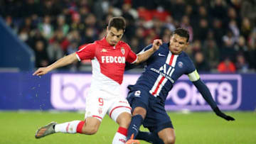 PARIS, FRANCE - JANUARY 12: Wissam Ben Yedder of Monaco, Thiago Silva of PSG during the Ligue 1 match between Paris Saint-Germain (PSG) and AS Monaco (ASM) at Parc des Princes stadium on January 12, 2020 in Paris, France. (Photo by Jean Catuffe/Getty Images)