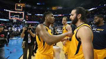 OKLAHOMA CITY, OK - APRIL 18 - Donovan Mitchell #45 and Ricky Rubio #3 of the Utah Jazz exchange a hug after Game Two of Round One of the 2018 NBA Playoffs against the Oklahoma City Thunder on April 18 2018 at Chesapeake Energy Arena in Oklahoma City, Oklahoma. NOTE TO USER: User expressly acknowledges and agrees that, by downloading and or using this photograph, User is consenting to the terms and conditions of the Getty Images License Agreement. Mandatory Copyright Notice: Copyright 2018 NBAE (Photo by Layne Murdoch Sr./NBAE via Getty Images)
