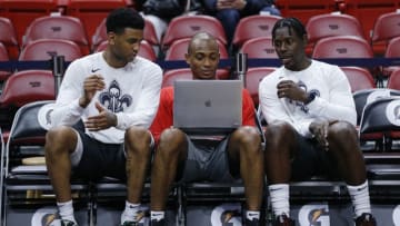 MIAMI, FLORIDA - NOVEMBER 16: Nickeil Alexander-Walker #0 and Jrue Holiday #11 of the New Orleans Pelicans (Photo by Michael Reaves/Getty Images)