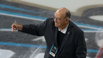TAMPA, FL - APRIL 8: NHL Hall of Famer Scotty Bowman gives a thumbs up to the crowd after the ceremonial puck drop before a game between the Minnesota Golden Gophers and the Quinnipiac Bobcats during the 2023 NCAA Division I Men's Hockey Frozen Four Championship Final at the Amaile Arena on April 8, 2023 in Tampa, Florida. The Bobcats won 3-2 on a goal ten seconds into overtime. (Photo by Richard T Gagnon/Getty Images)