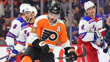 Mar 1, 2023; Philadelphia, Pennsylvania, USA; Philadelphia Flyers center Scott Laughton (21) celebrates his goal against the New York Rangers during the second period at Wells Fargo Center. Mandatory Credit: Eric Hartline-USA TODAY Sports
