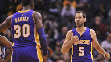 Dec 3, 2016; Memphis, TN, USA; Los Angeles Lakers forward Julius Randle (30) and guard Jose Calderon (5) react during the first half against the Memphis Grizzlies at FedExForum. Mandatory Credit: Justin Ford-USA TODAY Sports