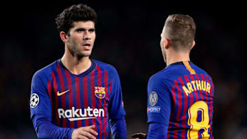BARCELONA, SPAIN - DECEMBER 11: (L-R) Carles Alena of FC Barcelona, Arthur of FC Barcelona during the UEFA Champions League match between FC Barcelona v Tottenham Hotspur at the Camp Nou on December 11, 2018 in Barcelona Spain (Photo by Jeroen Meuwsen/Soccrates/Getty Images)