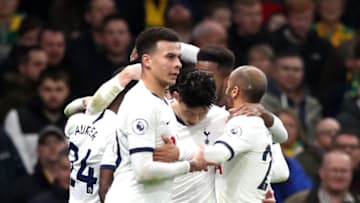 LONDON, ENGLAND - JANUARY 22: Dele Alli of Tottenham Hotspur celebrates with teammates after scoring his team's first goal during the Premier League match between Tottenham Hotspur and Norwich City at Tottenham Hotspur Stadium on January 22, 2020 in London, United Kingdom. (Photo by Naomi Baker/Getty Images)