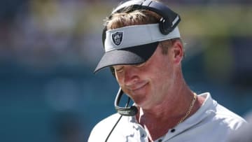 MIAMI, FL - SEPTEMBER 23: Jon Gruden reacts on the sidelines during the fourth quarter against Miami Dolphins at Hard Rock Stadium on September 23, 2018 in Miami, Florida. (Photo by Marc Serota/Getty Images)