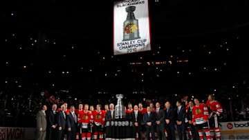 Chicago Blackhawks' 2010 Stanley Cup championship banner is raised before the home opener against the Detroit Red Wings at the United Center in Chicago, Illinois, on Saturday, October 9, 2010. (Photo by Scott Strazzante/Chicago Tribune/MCT via Getty Images)