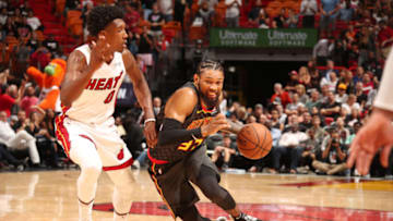 MIAMI, FL - OCTOBER 12: DeAndre' Bembry #95 of the Atlanta Hawks handles the ball against the Miami Heat on October 12, 2018 at American Airlines Arena in Miami, Florida. NOTE TO USER: User expressly acknowledges and agrees that, by downloading and or using this Photograph, user is consenting to the terms and conditions of the Getty Images License Agreement. Mandatory Copyright Notice: Copyright 2018 NBAE (Photo by Issac Baldizon/NBAE via Getty Images)