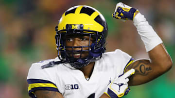 SOUTH BEND, IN - SEPTEMBER 01: Ambry Thomas #1 of the Michigan Wolverines celebrates after returning a kickoff for a touchdown in the second quarter at Notre Dame Stadium on September 1, 2018 in South Bend, Indiana. (Photo by Gregory Shamus/Getty Images)