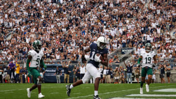 STATE COLLEGE, PA - SEPTEMBER 10: Khalil Dinkins #16 of the Penn State Nittany Lions catches a pass for a touchdown against the Ohio Bobcats during the second half at Beaver Stadium on September 10, 2022 in State College, Pennsylvania. (Photo by Scott Taetsch/Getty Images)