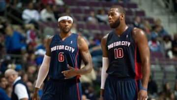 Nov 3, 2013; Auburn Hills, MI, USA; Detroit Pistons small forward Josh Smith (6) and Detroit Pistons center Greg Monroe (10) during the third quarter against the Boston Celtics at The Palace of Auburn Hills. Detroit won 87-77. Mandatory Credit: Tim Fuller-USA TODAY Sports