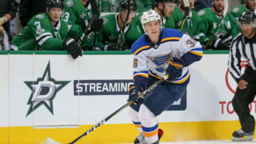 DALLAS, TX - SEPTEMBER 19: St. Louis Blues center Robert Thomas (36) brings the puck up the ice during the NHL game between the St. Louis Blues and Dallas Stars on September 19, 2017 at American Airlines Center in Dallas, TX. (Photo by Andrew Dieb/Icon Sportswire via Getty Images)