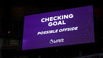 MANCHESTER, ENGLAND - DECEMBER 29: The Big screen shows the VAR check for a possible offside during the Premier League match between Manchester City and Sheffield United at Etihad Stadium on December 29, 2019 in Manchester, United Kingdom. (Photo by Michael Regan/Getty Images)