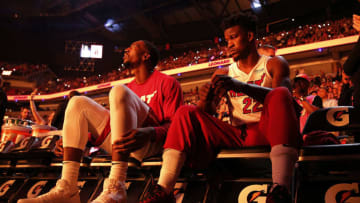 Bam Adebayo #13 and Jimmy Butler #22 of the Miami Heat prior to the game against the Atlanta Hawks (Photo by Michael Reaves/Getty Images)