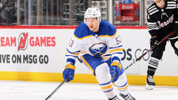 NEWARK, NEW JERSEY - APRIL 11: Jeff Skinner #53 of the Buffalo Sabres against the New Jersey Devils at the Prudential Center on April 11, 2023 in Newark, New Jersey. (Photo by Bruce Bennett/Getty Images)