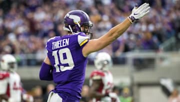 Nov 20, 2016; Minneapolis, MN, USA; Minnesota Vikings wide receiver Adam Thielen (19) against the Arizona Cardinals at U.S. Bank Stadium. The Vikings defeated the Cardinals 30-24. Mandatory Credit: Brace Hemmelgarn-USA TODAY Sports