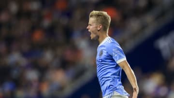 Sep 18, 2021; Cincinnati, OH, USA; New York City FC midfielder Keaton Parks (55) reacts to scoring a goal against FC Cincinnati in the first half at TQL Stadium. Mandatory Credit: Aaron Doster-USA TODAY Sports