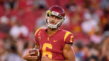 LOS ANGELES, CALIFORNIA - AUGUST 31: Michael Pittman Jr. #6 of the USC Trojans warms up before the game against the Fresno State Bulldogs at Los Angeles Memorial Coliseum on August 31, 2019 in Los Angeles, California. (Photo by Harry How/Getty Images)