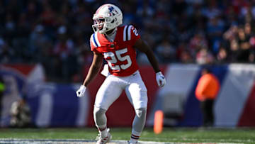 FOXBOROUGH, MA - OCTOBER 9, 2022: Marcus Jones #25 of the New England Patriots lines up before the sea during the game against the Detroit Lions at Gillette Stadium on October 9, 2022 in Foxborough, Massachusetts. (Photo by Kathryn Riley/Getty Images)