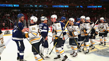 STOCKHOLM, SWEDEN - NOVEMBER 09: Victor Hedman #77 of the Tampa Bay Lightning shakes hands with Victor Olofsson #68 of the Buffalo Sabres after an NHL Global Series game at Ericsson Globe on November 9, 2019 in Stockholm, Sweden. Tampa Bay won, 5-3. (Photo by Bill Wippert/NHLI via Getty Images)